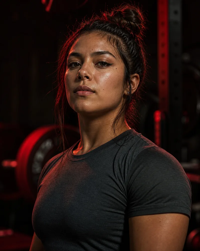 Retrato editorial de Andrea en un gimnasio de fuerza